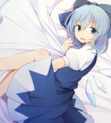 Rule 34 | 1girl, bad id, bad twitter id, bed, blue eyes, blue hair, bow, cirno, dress, hair bow, ice, ice wings, matching hair/eyes, open mouth, ribbon, short hair, smile, solo, tama (soon32281), touhou, wings