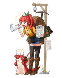 Rule 34 | 1girl, backpack, bag, bandaid, black thighhighs, blue shorts, boots, breasts, brown bag, brown footwear, cleavage, dragon, earrings, fang, full body, highres, holding, jewelry, lantern, leaning forward, medium breasts, necklace, original, pickaxe, rinotuna, shirt, shorts, skin fang, solo, standing, thighhighs, yellow shirt