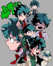 Rule 34 | + +, 1boy, absurdres, bodysuit, boku no hero academia, clenched hands, closed mouth, collared shirt, closed eyes, freckles, gakuran, gloves, green bodysuit, green eyes, green hair, grey background, grey jacket, hand on own chin, highres, jacket, looking at viewer, male focus, midoriya izuku, multiple views, necktie, niwa2wa tori, open mouth, red necktie, school uniform, shirt, short hair, simple background, smile, solo, standing, u.a. school uniform, white gloves, white shirt