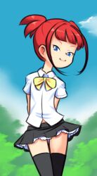 Rule 34 | 1girl, arms behind back, black skirt, black thighhighs, bow, bowtie, cloud, digimon, digimon tamers, drantyno, flat chest, hair bun, looking at viewer, makino ruki, red hair, school uniform, shirt, short sleeves, skirt, sky, smile, standing, thighhighs, tree, white shirt, yellow bow, yellow bowtie