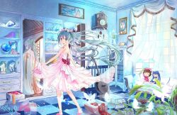 Rule 34 | 1990s (style), 1girl, acoustic guitar, aqua eyes, aqua hair, arm tattoo, back, blush, book, book stack, bow, box, bug, butterfly, cabinet, cardcaptor sakura, ceiling, character doll, checkered floor, chinese clothes, chuushuu meigetsu miku, clock, closet, couch, cup, curtains, different reflection, doll, drawer, drawing (object), dress, drinking glass, floating hair, flower, framed, fringe trim, from behind, glass, globe, gown, guitar, hair bow, hand fan, hanfu, hat, hatsune miku, highres, indoors, insect, instrument, kinomoto sakura, light particles, long hair, looking at viewer, looking back, mirror, no socks, open book, open mouth, orb, paper, paper fan, peas (peas0125), petals, photo (object), picture frame, pink bow, pink dress, pink footwear, plant, rainbow order, reflection, retro artstyle, ribbon, see-through, shelf, shoes, skirt hold, snow rabbit, solo, spring onion, standing, strapless, strapless dress, stuffed toy, tattoo, tile floor, tiles, uchiwa, unworn clothes, unworn hat, unworn headwear, vase, very long hair, vocaloid, wall, white flower, wind, window, witch hat, yuki miku, yukine (vocaloid)