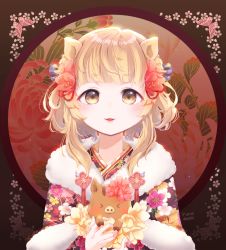 Rule 34 | 1girl, animal, animal ears, black kimono, blonde hair, blue bow, blush, boar, bow, brown eyes, bug, butterfly, chinese zodiac, commentary request, floral print, flower, fur collar, hair bow, hair flower, hair ornament, insect, japanese clothes, kimono, looking at viewer, original, parted lips, print kimono, red flower, runamochi, signature, solo, striped, striped bow, upper body, year of the pig