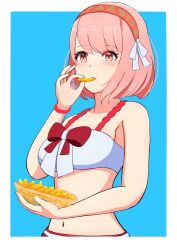 Rule 34 | 1girl, absurdres, bare shoulders, bikini, blush, bracelet, eating, fire emblem, fire emblem engage, food, hairband, highres, holding, holding food, jewelry, lapis (fire emblem), looking at viewer, mgnk33, midriff, navel, nintendo, pink eyes, pink hair, ribbon, short hair, swimsuit
