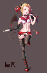 Rule 34 | 1girl, bad id, bad pixiv id, black gloves, black panties, black thighhighs, blush, breasts, crop top, demon girl, demon horns, demon wings, elbow gloves, gloves, hair ornament, highres, hk (hk), horns, knife, licking, licking blade, licking weapon, looking at viewer, microskirt, midriff, navel, original, panties, simple background, single glove, skirt, small breasts, solo, standing, standing on one leg, tattoo, thighhighs, tongue, tongue out, underwear, weapon, wings, yellow eyes