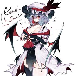 Rule 34 | 1girl, aged up, alternate breast size, asymmetrical clothes, asymmetrical legwear, bat wings, breasts, choker, cleavage, cross, dress, frills, hat, highres, large breasts, looking at viewer, medium hair, multicolored hair, purple hair, red eyes, red hair, red nails, remilia scarlet, thick thighs, thighhighs, thighs, togetoge, touhou, vampire, wide hips, wings, zettai ryouiki
