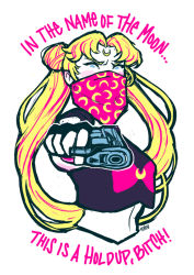 Rule 34 | 1990s (style), 1girl, aiming, aiming at viewer, asia kendrick-horton, bishoujo senshi sailor moon, blonde hair, blue eyes, contemporary, crescent, crescent facial mark, crop top, double bun, english text, facial mark, fingerless gloves, forehead mark, gangsta hold, gangster, gloves, gun, hair bun, handgun, holding, holding gun, holding weapon, long hair, mask, midriff, mouth mask, out of character, pistol, profanity, retro artstyle, solo, tsukino usagi, upper body, weapon