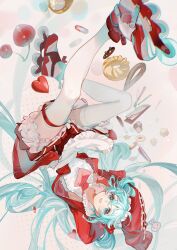 Rule 34 | 1girl, :d, apron, aqua eyes, aqua hair, cherry, cookie, floating, floating hair, food, fruit, hatsune miku, heart, highres, inline skates, jacket, long hair, looking at viewer, maid apron, maid headdress, neckerchief, open mouth, pleated skirt, red jacket, red neckerchief, red skirt, roller skates, rumoon, shirt, skates, skirt, sleeveless, sleeveless shirt, sleeves past wrists, smile, solo, thighhighs, twintails, upside-down, very long hair, vocaloid, white shirt, white thighhighs, zettai ryouiki