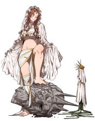 Rule 34 | 1boy, 1girl, absurdres, bandages, barefoot, brother and sister, brown hair, closed eyes, covered eyes, dark souls (series), dark sun gwyndolin, giant, giantess, gloves, helmet, helmet over eyes, highres, jewelry, long hair, midriff, navel, queen of sunlight gwynevere, robe, siblings, size difference, snake, timnehparrot, veil, wavy hair, white veil