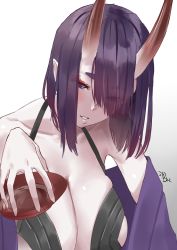 Rule 34 | 1girl, absurdres, alternate breast size, bare shoulders, blinkblink art, blush, bob cut, breasts, cleavage, collarbone, cup, eyeliner, fate/grand order, fate (series), highres, horns, japanese clothes, kimono, large breasts, long sleeves, looking at viewer, makeup, off shoulder, oni, open clothes, open kimono, parted lips, pointy ears, purple eyes, purple hair, purple kimono, revealing clothes, sakazuki, short hair, shuten douji (fate), skin-covered horns, smile, wide sleeves