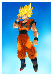 Rule 34 | 1boy, black sash, blonde hair, blue eyes, check commentary, clenched hand, closed mouth, collarbone, commentary, commentary request, dougi, dragon ball, dragon ball (classic), dragonball z, floating, highres, long hair, looking at viewer, muscular, muscular male, salute, sash, smile, solo, son goku, spiked hair, super saiyan, taiga hiroyuki