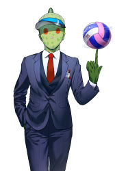 Rule 34 | balancing ball, ball, blue headwear, blue jacket, blue pants, blue vest, collared shirt, colored skin, formal, green skin, hand in pocket, heart, highres, holding, holding ball, idolmaster, index finger raised, jacket, long sleeves, looking at viewer, necktie, pants, pinstripe pants, pinstripe pattern, pinstripe suit, producer (idolmaster), red eyes, red necktie, shirt, simple background, spinning, standing, suit, suzuki puramo, vest, visor cap, volleyball (object), white background, white shirt