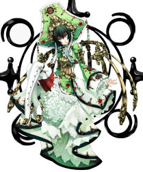 Rule 34 | 00s, 1girl, androgynous, ascot, black hair, boots, brooch, corset, dress, flat chest, frills, green eyes, green hair, hat, head tilt, headdress, highres, jewelry, lace, matching hair/eyes, md5 mismatch, multicolored hair, osamu (jagabata), resolution mismatch, seth nightroad, short hair, simple background, sitting, smile, solo, source larger, thigh boots, thighhighs, trinity blood, white thighhighs