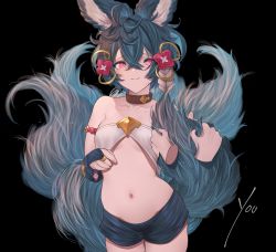 Rule 34 | 1girl, absurdres, animal ears, bare shoulders, betabeet, black background, black shorts, blue hair, blush, breasts, bridal gauntlets, closed mouth, collar, erune, fox ears, fox girl, fox tail, granblue fantasy, hair between eyes, hair ornament, highres, huge filesize, large tail, looking at viewer, multiple tails, navel, red eyes, short hair, short shorts, shorts, simple background, small breasts, solo focus, tail, you (granblue fantasy)