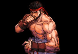 Rule 34 | 1boy, abs, beard, black hair, capcom, closed mouth, facial hair, fighting stance, headband, hungry clicker, large pectorals, looking at viewer, male focus, muscular, muscular male, pectorals, red headband, ryu (street fighter), short hair, simple background, solo, street fighter, street fighter 6, topless male, vambraces