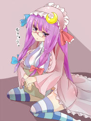 Rule 34 | 1girl, bad id, bad pixiv id, bespectacled, book, breasts, frills, glasses, hairband, huge breasts, kneeling, long hair, luxima, nightgown, patchouli knowledge, pince-nez, purple eyes, purple hair, red-framed eyewear, solo, striped clothes, striped thighhighs, thighhighs, touhou, vertical stripes