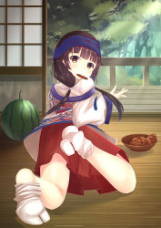 Rule 34 | 10s, 1girl, ainu, ainu clothes, all fours, amayadori machi, blunt bangs, bowl, brown eyes, brown hair, coat, commentary request, food, food in mouth, fruit, hair ribbon, hakama, hakama skirt, headband, indoors, japanese clothes, kazuha (saku kn), kumamiko, long hair, looking at viewer, looking back, low twintails, miko, mouth hold, nature, no shoes, off shoulder, overcoat, red hakama, ribbon, senbei, shirt, skirt, sock pull, solo, tabi, twintails, watermelon, white legwear, white shirt, wide sleeves