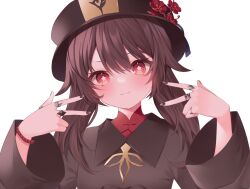 Rule 34 | &gt;:), 1girl, blush, brown eyes, brown hair, brown hat, brown nails, brown shirt, closed mouth, commentary request, double v, flower, genshin impact, hair between eyes, hat, hat flower, head tilt, highres, hu tao (genshin impact), jewelry, lips, long sleeves, looking at viewer, marurupan, nail polish, red flower, ring, shirt, simple background, smile, smug, solo, symbol-shaped pupils, upper body, v, v-shaped eyebrows, w arms, white background, wide sleeves, wing collar