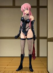 Rule 34 | 1girl, absurdres, anime coloring, bare shoulders, bdsm, black thighhighs, blush, boots, bow, bracelet, breasts, choker, cleavage, dominatrix, elbow gloves, fishnet thighhighs, fishnets, gasai yuno, gloves, hair between eyes, hair bow, hair ribbon, head tilt, high heel boots, high heels, highres, jewelry, knee boots, leather, leotard, lingerie, lipstick, long hair, looking at viewer, makeup, mirai nikki, pink eyes, pink hair, ponytail, red lips, ribbon, sleeveless, sleeveless turtleneck, solo, spiked bracelet, spikes, standing, stitched, teddy (lingerie), thighhighs, third-party edit, turtleneck, whip, wooden floor