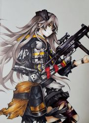 Rule 34 | 1girl, brown eyes, brown hair, commentary request, cowboy shot, from side, girls&#039; frontline, gloves, gun, h&amp;k ump, hair over face, heckler &amp; koch, highres, holding, holding gun, holding weapon, hood, hooded jacket, jacket, long hair, looking at viewer, mechanical arms, medium request, messy hair, mod3 (girls&#039; frontline), pouch, profile, rabe26k, single glove, single mechanical arm, solo, standing, submachine gun, torn clothes, torn legwear, traditional media, trigger discipline, ump45 (girls&#039; frontline), ump45 (mod3) (girls&#039; frontline), vertical forward grip, weapon, window magazine