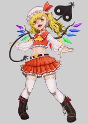 Rule 34 | 1girl, adapted costume, ascot, belt, blonde hair, boots, brown belt, brown footwear, collarbone, collared shirt, cross-laced footwear, fang, flandre scarlet, frilled skirt, frilled sleeves, frills, full body, grey background, hat, lace-up boots, laevatein (touhou), long hair, long sleeves, looking at viewer, midriff, mob cap, multicolored wings, navel, one side up, pigeon-toed, puffy long sleeves, puffy sleeves, red eyes, red nails, red skirt, red vest, shirt, simple background, skirt, solo, teeth, thighhighs, touhou, upper teeth only, vest, white hat, white shirt, white thighhighs, wings, yellow ascot, ynkick1031