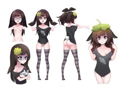 Rule 34 | 1girl, :3, absurdres, alternate hairstyle, bags under eyes, bandaid, bandaids on nipples, black-framed eyewear, black shirt, black thighhighs, blunt bangs, brown hair, carrot print, clover, cowboy shot, dark yaoi, flat chest, food print, four-leaf clover, from behind, full body, glasses, grey eyes, hair ornament, highres, holding ears, kiyomi pyon-pyon, looking at viewer, multiple views, open mouth, outstretched arms, oversized clothes, pasties, pointing, pointing at self, ponytail, rabbit ears, rabbit girl, rabbit tail, semi-rimless eyewear, shirt, simple background, standing, striped clothes, striped thighhighs, t-shirt, thighhighs, under-rim eyewear, unworn eyewear, upper body, virtual youtuber, white background