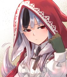 Rule 34 | 1girl, animal ears, black hair, closed mouth, fire emblem, fire emblem fates, gloves, grey hair, highres, hood, hood up, long sleeves, multicolored hair, nakabayashi zun, nintendo, one-hour drawing challenge, red eyes, simple background, solo, two-tone hair, velouria (fire emblem), white background, wolf ears