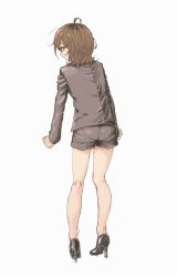 Rule 34 | 1girl, brown hair, commentary request, dagashi kashi, glasses, high heels, highres, jacket, kotoyama, looking at viewer, medium hair, owari hajime, shorts, simple background, solo, white background