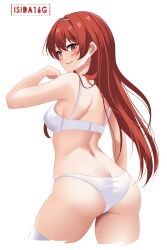 Rule 34 | 1girl, artist logo, artist name, ass, bra, breasts, cowboy shot, from behind, hairband, highres, ishida arata, kantai collection, long hair, looking at viewer, looking back, medium breasts, nevada (kancolle), panties, red eyes, red hair, simple background, solo, thighhighs, underwear, underwear only, white background, white bra, white panties, white thighhighs