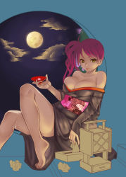 Rule 34 | alcohol, bad id, bad pixiv id, barefoot, breasts, brown hair, feet, full moon, hochikisu, japanese clothes, large breasts, moon, purple hair, side ponytail, solo, tissue, tissue box, wine