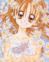 Rule 34 | 1990s (style), 1girl, brown eyes, brown hair, collarbone, cupping hands, daisy, feathers, flower, head tilt, kamikaze kaitou jeanne, kusakabe maron, light particles, long hair, looking at viewer, official art, own hands together, retro artstyle, scan, smile, solo, tanemura arina, upper body, white wings, wings