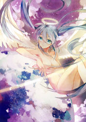 Rule 34 | 1girl, angel wings, aqua eyes, aqua hair, bad id, bad pixiv id, censored, convenient censoring, hair over breasts, halo, hatsune miku, highres, intrinsical, long hair, nude, sitting, solo, twintails, very long hair, vocaloid, wings