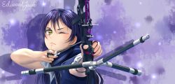 Rule 34 | 1girl, artist name, artist request, blue hair, blush, bow (weapon), breasts, brown eyes, female focus, hair between eyes, high collar, highres, holding, holding bow (weapon), holding weapon, jacket, long hair, looking at viewer, love live!, love live! school idol project, one eye closed, parted lips, smile, solo, sonoda umi, upper body, weapon, yellow eyes