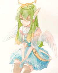 Rule 34 | 1girl, angel, angel wings, bare shoulders, between legs, black thighhighs, blue dress, brown thighhighs, closed mouth, dress, feathered wings, frilled dress, frills, green eyes, green hair, hair between eyes, halo, hand between legs, highres, long hair, looking at viewer, multicolored hair, original, painting (medium), puffy sleeves, see-through, see-through sleeves, short sleeves, sidelocks, simple background, sitting, smile, solo, srnmomo, thighhighs, traditional media, watercolor (medium), white background, white wings, wing hair ornament, wings