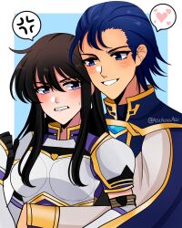 Rule 34 | 1boy, 1girl, anger vein, angry, armor, asukaaasuu, ayra (fire emblem), black hair, blue hair, blush, breastplate, clenched teeth, couple, fire emblem, fire emblem: genealogy of the holy war, grin, heart, hetero, highres, hug, hug from behind, lex (fire emblem), long hair, looking at another, nintendo, smile, spoken anger vein, spoken heart, teeth