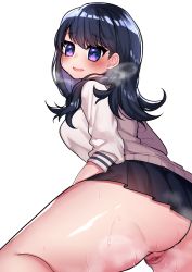 Rule 34 | 10s, 1girl, @ @, ass, black hair, black skirt, blue eyes, blush, breasts, cardigan, censored, from behind, gridman universe, heavy breathing, long hair, long sleeves, looking at viewer, looking back, medium breasts, open mouth, osiimi, pleated skirt, pussy, school uniform, simple background, skirt, sleeves pushed up, smile, solo, ssss.gridman, steam, sweat, takarada rikka, thick thighs, thighs, white background