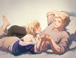 Rule 34 | 1boy, 1girl, arm behind head, barefoot, bed sheet, black pants, blonde hair, blue jacket, blush, brother and sister, collared shirt, dungeon meshi, eye contact, falin touden, falin touden (tallman), feet out of frame, fingernails, foot up, grey background, grey pants, grey shirt, hand up, hands up, happy, holding hands, jacket, knee up, korean commentary, laios touden, light particles, looking at another, lying, nose blush, off shoulder, on bed, on stomach, pants, pillow, profile, reclining, shadow, shirt, short hair, siblings, simira, sleeves rolled up, smile, soles, white shirt, yellow eyes