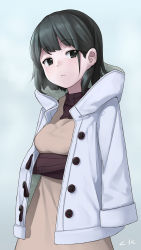 Rule 34 | 1girl, absurdres, black eyes, black hair, breasts, brown sweater, buttons, closed mouth, coat, crossed arms, duffel coat, expressionless, fur-trimmed coat, fur trim, gradient background, head tilt, highres, hood, hood down, hooded coat, jacket, jacket on shoulders, lkqyan, long sleeves, open clothes, open coat, original, ribbed sweater, short hair, signature, small breasts, solo, sweater, upper body, white background, white coat, winter clothes