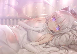 Rule 34 | 1girl, animal ears, bare shoulders, bed sheet, blanket, blonde hair, blurry, blurry background, blush, breasts, cat ears, closed mouth, commentary request, demon girl, depth of field, elbow gloves, finger to mouth, gloves, index finger raised, large breasts, lens flare, long hair, looking at viewer, lying, on bed, on side, original, pillow, purple eyes, shushing, sideboob, sleeveless, smile, solo, star (symbol), star in eye, symbol in eye, under covers, white gloves, white wings, wings, yano mitsuki (nanairo)