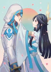 Rule 34 | 1boy, 1girl, absurdres, anankos, black gloves, black hair, blue background, blue hair, brown eyes, closed mouth, commentary, dress, eyelashes, falling petals, fire emblem, fire emblem fates, gloves, gold trim, gradient background, highres, hooded robe, long hair, mikoto (fire emblem), mole, mole under mouth, nintendo, petals, red eyes, robe, smile, spoilers, white robe, yasaikakiage