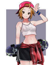 Rule 34 | 1girl, artist name, backwards hat, baseball cap, black shorts, breasts, brown hair, clothes around waist, commission, crop top, female focus, hat, highres, holding, holding skateboard, jacket, jacket around waist, k-on!, looking at viewer, medium breasts, midriff, navel, red jacket, short hair, shorts, simple background, skateboard, smile, solo, stomach, tainaka ritsu, taqi99, the beatles, two-tone background, white background, wristband