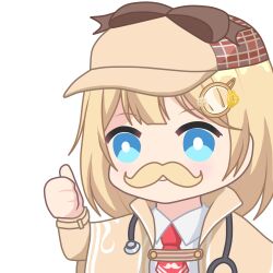 Rule 34 | 1girl, aprob (meme), blonde hair, blue eyes, bow, bright pupils, brown hat, chibi, coat, collared shirt, deerstalker, fake facial hair, fake mustache, hair ornament, hat, hat bow, hololive, hololive english, meme, multicolored clothes, multicolored hat, necktie, red necktie, shirt, short hair, short necktie, smile, solo, stethoscope, thumbs up, upper body, virtual youtuber, watson amelia, watson amelia (1st costume), white pupils, white shirt, yellow coat, zephylyne