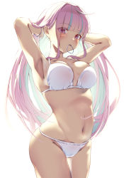 Rule 34 | 1girl, absurdres, adjusting hair, armpits, arms up, bikini, blush, breasts, halterneck, highres, hololive, large breasts, long hair, minato aqua, mouth hold, multicolored hair, navel, oa (or 12o), pink eyes, purple hair, simple background, solo, streaked hair, string bikini, swimsuit, virtual youtuber, white bikini