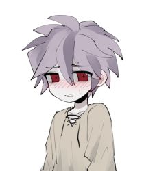 Rule 34 | 1boy, blush, colored sclera, commentary request, ear blush, embarrassed, grey sclera, korean commentary, long sleeves, male focus, nu (qjqmfqjqmf02), purple hair, red eyes, saibou shinkyoku, shirt, short hair, simple background, solo, sweat, theodore riddle, upper body, white background, yellow shirt