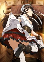 Rule 34 | 00s, 1girl, ass, bare shoulders, black hair, black ribbon, blush, boots, breasts, brown eyes, cleavage, collarbone, dress, from below, highres, ikkitousen, leg up, long hair, looking at viewer, maid headdress, ribbon, skirt, skirt hold, small breasts, smile, solo, ten&#039;i (ikkitousen), thighhighs, white ribbon, white thighhighs
