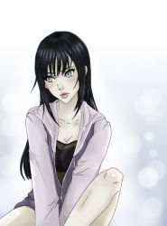 Rule 34 | 1girl, artist request, black hair, breasts, cleavage, colored skin, eyelashes, hyuuga hinata, naruto, naruto (series), simple background, solo, white background, white eyes, white skin