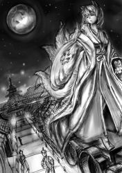 Rule 34 | 1girl, absurdres, architecture, bad id, bad pixiv id, bridge, city, east asian architecture, female focus, fox tail, full moon, gagrim, greyscale, highres, japanese clothes, kimono, monochrome, moon, multiple tails, night, night sky, short hair, sketch, sky, soldier, solo, star (sky), starry sky, tail, touhou, yakumo ran