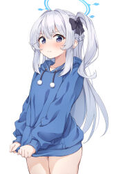 Rule 34 | 1girl, ass, blue archive, blue halo, blue hoodie, blush, braid, closed mouth, collarbone, cowboy shot, grey hair, hair between eyes, halo, highres, hood, hood down, hoodie, long hair, long sleeves, looking at viewer, matsu520, miyako (blue archive), miyako (young) (blue archive), one side up, purple eyes, revision, simple background, solo, white background