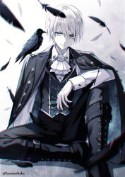Rule 34 | 1boy, animal, animal on shoulder, artist name, bird, bird on shoulder, black feathers, black footwear, black pants, black vest, boots, buttons, crow, earrings, feathers, grey eyes, highres, jacket, jacket on shoulders, jewelry, kazunehaka, kodona, lolita fashion, looking at viewer, male focus, on ground, original, pants, smile, thigh boots, thighhighs, vest, white background, white hair, white neckwear