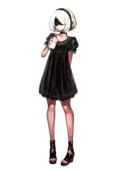 Rule 34 | 1girl, aged down, alternate costume, ankle lace-up, arm behind back, black dress, black hairband, blindfold, blush, breasts, cleavage, collarbone, covered eyes, cross-laced footwear, cup, dress, drinking, drinking straw, facing viewer, full body, hairband, high heels, highres, jun (navigavi), neck ribbon, nier:automata, nier (series), puffy short sleeves, puffy sleeves, ribbon, shoes, short hair, short sleeves, silver hair, simple background, solo, standing, toeless footwear, white background, 2b (nier:automata)