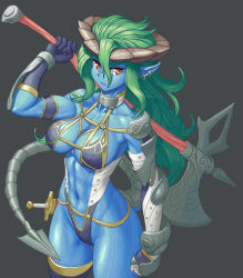 Rule 34 | 1girl, absurdres, armor, axe, black background, blue skin, breasts, collarbone, colored skin, commentary, cowboy shot, english commentary, green hair, hair between eyes, highres, holding, holding axe, horns, large breasts, long hair, looking at viewer, muscular, muscular female, navel, nonneim, orange eyes, original, pointy ears, simple background, single thighhigh, slit pupils, solo, tail, thighhighs
